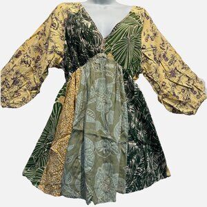 Nwt SACRED THREADS floral patch hippie bohemian babydoll rayon TOP L